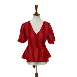Loft red wrap style flutter sleeve tie waist top small